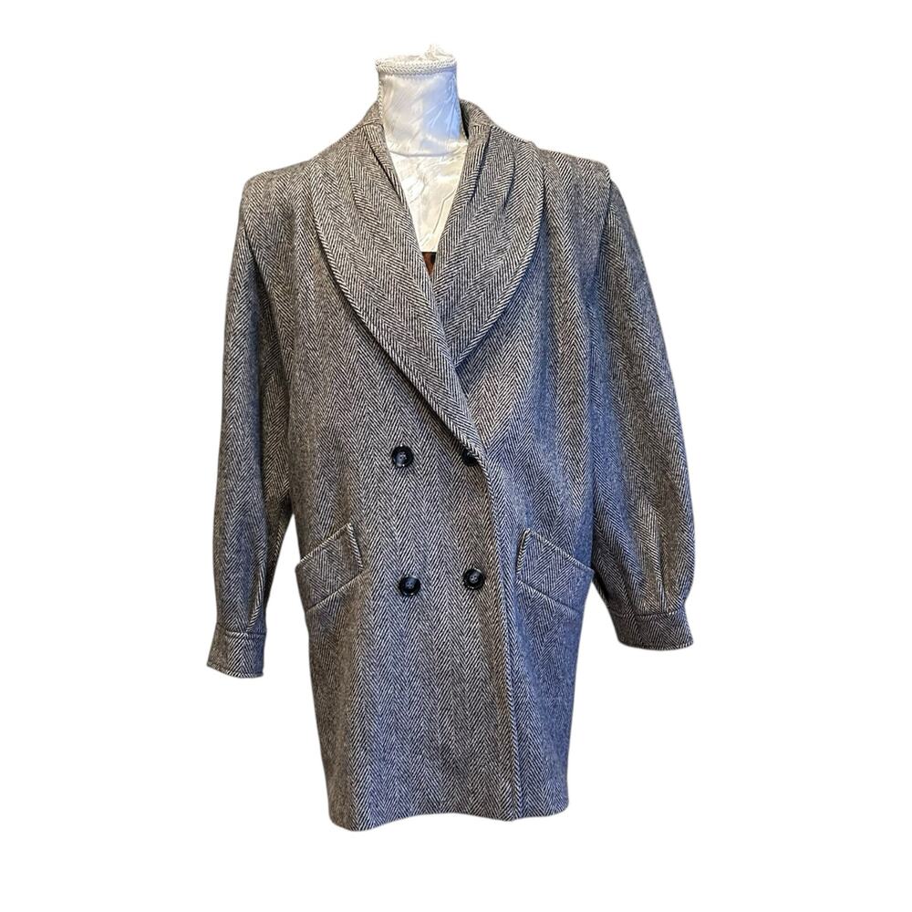 Vintage 80s Grey Herringbone Tweed Coat Shawl Collar Double Breasted Size Large